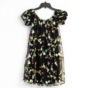UO Black Mesh Lace Floral Embroidered Babydoll Mini Dress